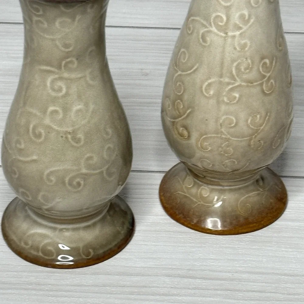 Set of 2‎ Ceramic Vases Beige Swirl Glaze Amber Interior Decorative Home Decor